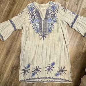 Johnny Was Workshop XL Blue Embroidered Boho Tunic Dress
